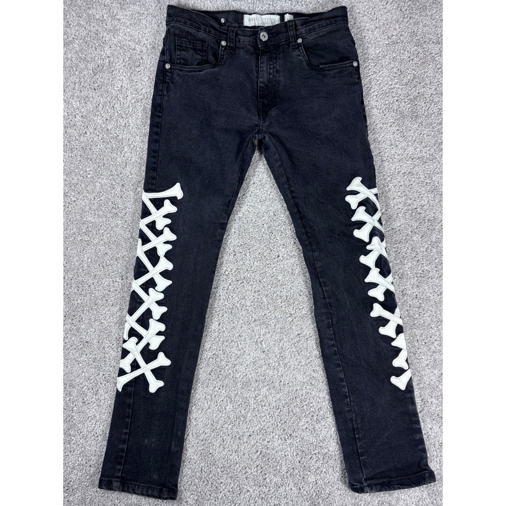 Evolution In Design Black Denim‎ Jeans White Bone Patch Skinny Size 16